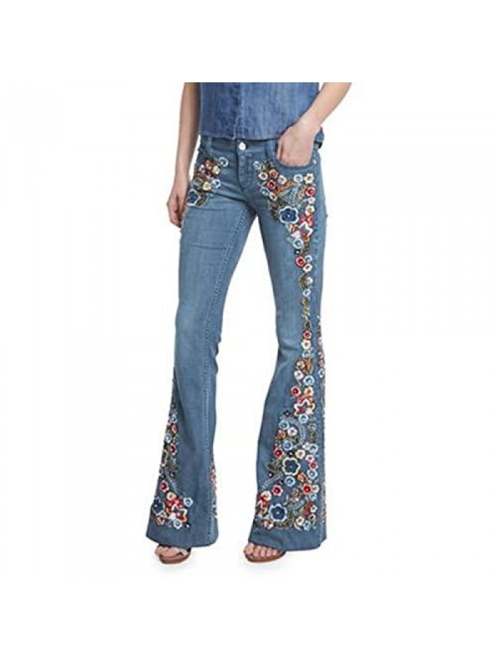 Bottom Flare Jeans for Womens Chic Floral Embroidered Broad Feet Denim Pants Girls Trend Straight Leg Jeans  