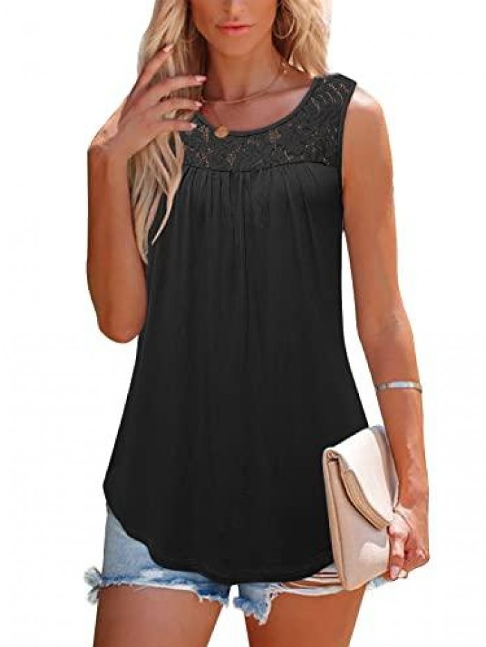 Women Summer Lace Pleated Flowy Tank Tops Loose Casual Sleeveless Tunic Blouse Shirts 