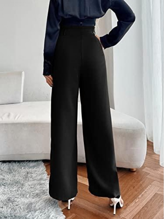 Women's High Waisted Pockets Work Office Palazzo Wide Leg Pants 