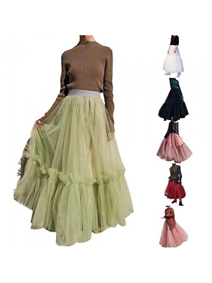 Floor Long Yarn Skirt High Waist Solid Color Multi Layer Skirt Tulle Mesh Maxi Half Dress Party Wedding 