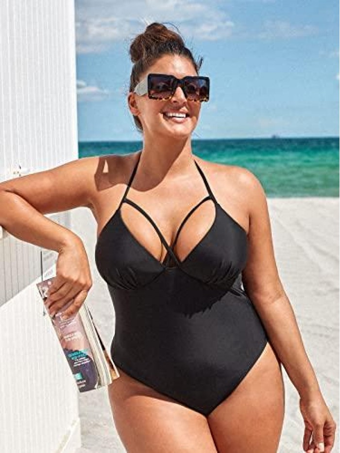 Women's Cut Out Plus Size One Piece Swimsuit Molded Cups Black Bathing Suit 