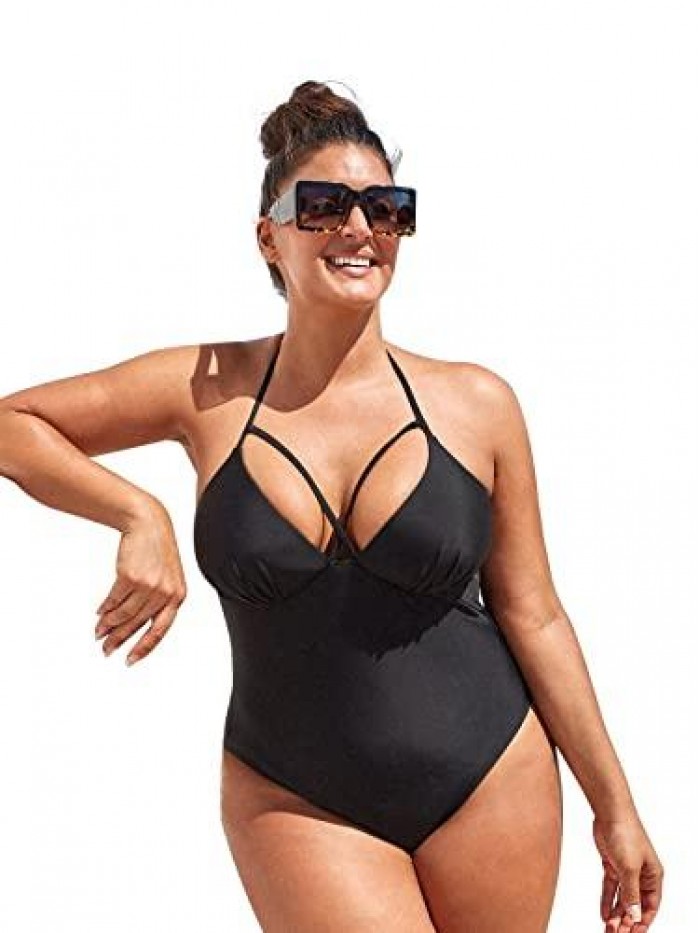 Women's Cut Out Plus Size One Piece Swimsuit Molded Cups Black Bathing Suit 