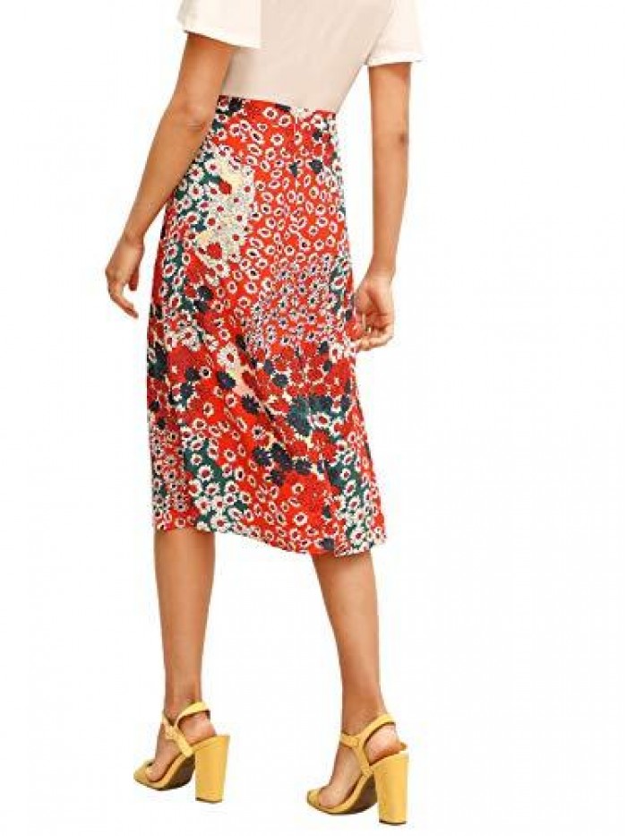 Women's Boho Floral High Waist Split A Line Midi Skirt 