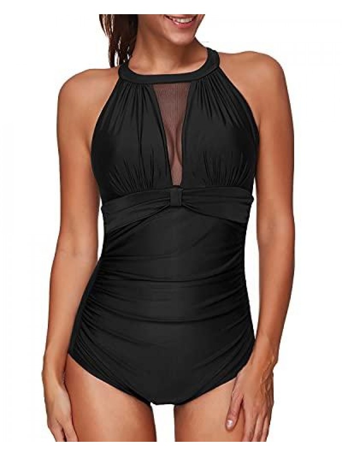 Me Women One Piece Swimsuit High Neck Plunge Mesh Ruched Monokini Swimwear 