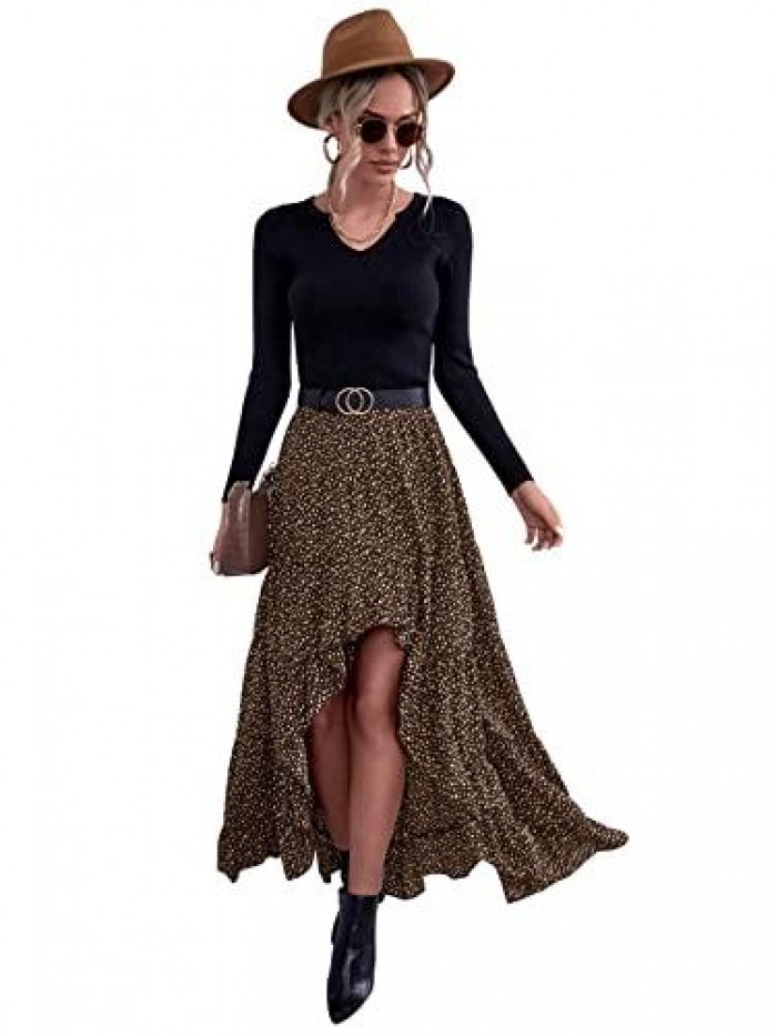 Women's High Waist Floral Print Boho High Low Ruffle Trim Skirt 