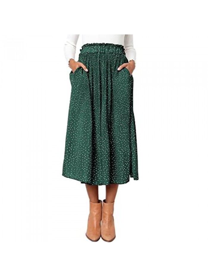 High Elastic Waist Polka Dot Pleated Skirt Midi Swing Chiffon Boho Skirt with Pockets 