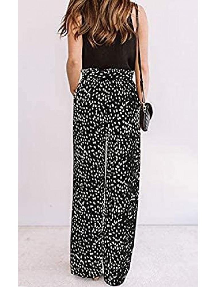 Womens Cotton Soft Palazzo Wide Leg Pant with Pockets High Waist Casual Loose Flowy Pants with Belt 