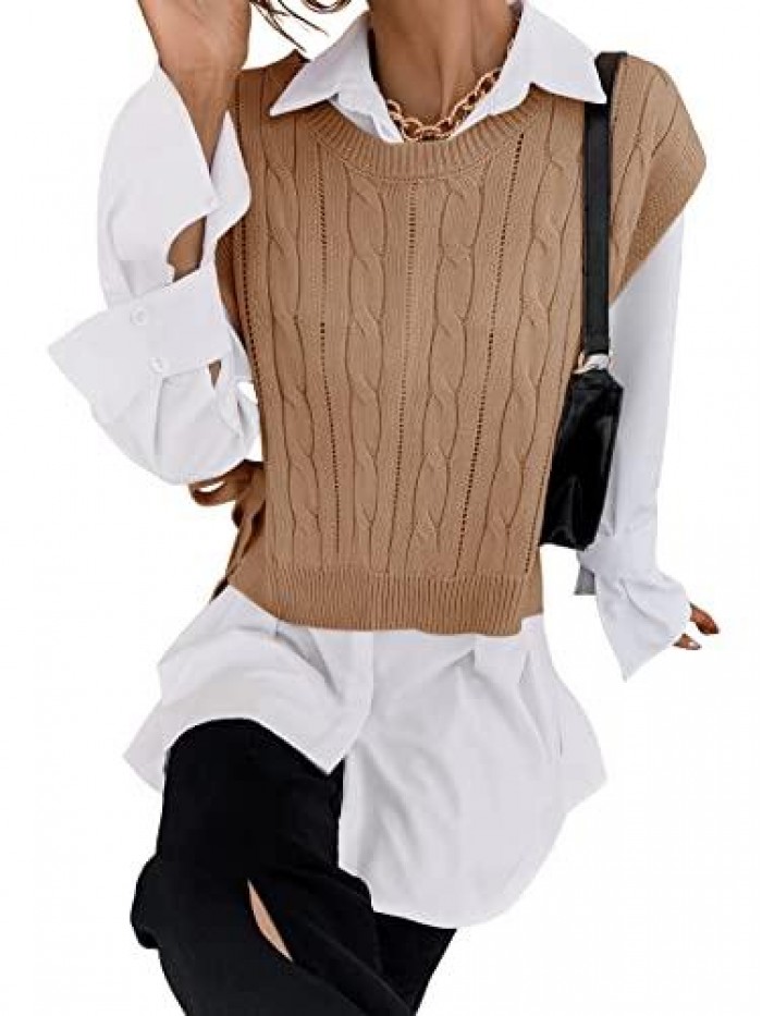 Women's Cable Knit Tie Knot Side Split Hem Round Neck Sleeveless Oversized Cropped Sweater Vest Pullovers 