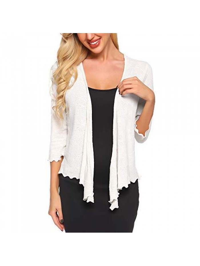 Womens Sheer Shrug Bolero Tie Knot Cardigan Lightweight with 3/4 Lace Sleeves 