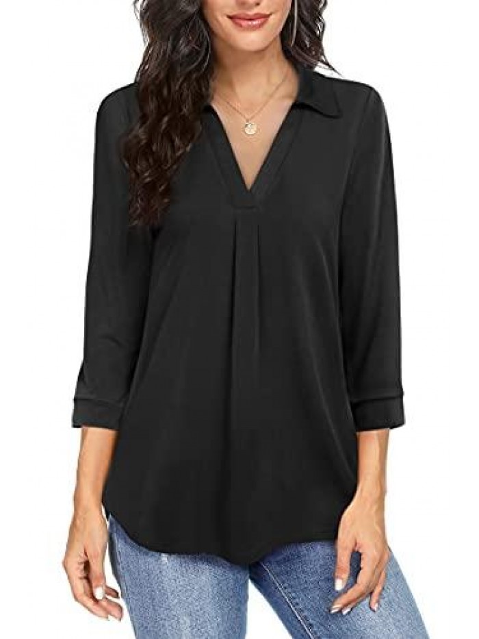 Women's V Neck Blouse 3/4 Sleeve Tunic Tops Ladies Work Shirts 