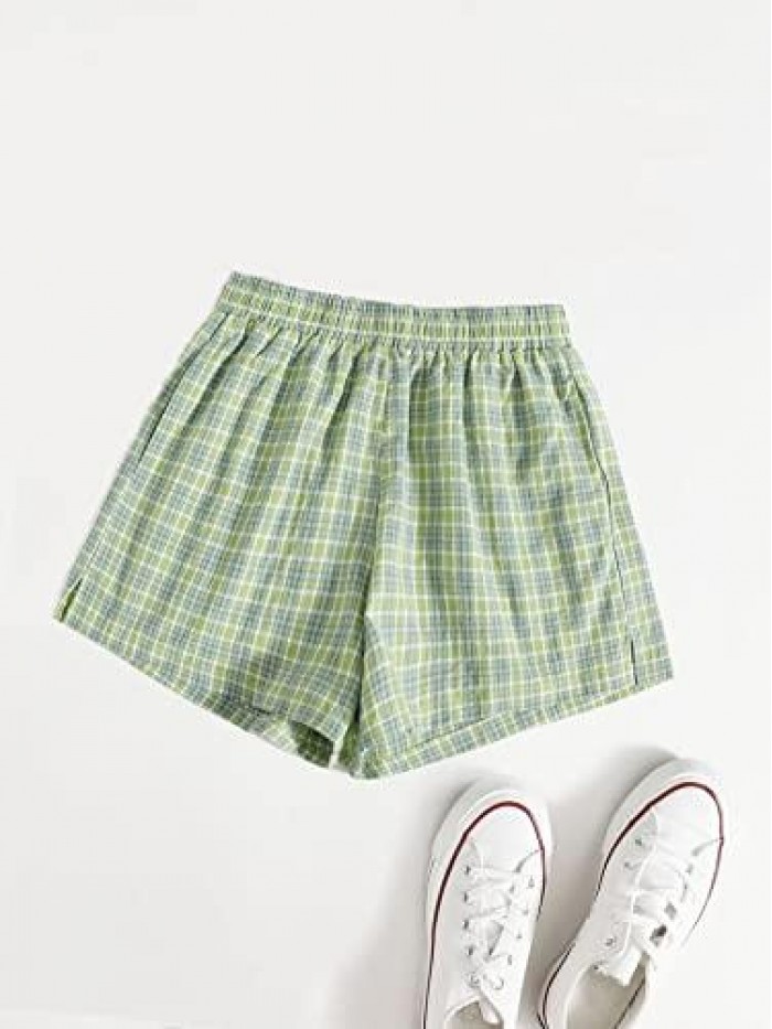 Women's Casual Plaid Split Hem Elastic High Waist Wide Leg Summer Shorts 