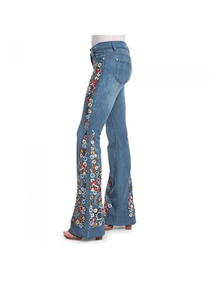 Bottom Flare Jeans for Womens Chic Floral Embroidered Broad Feet Denim Pants Girls Trend Straight Leg Jeans  