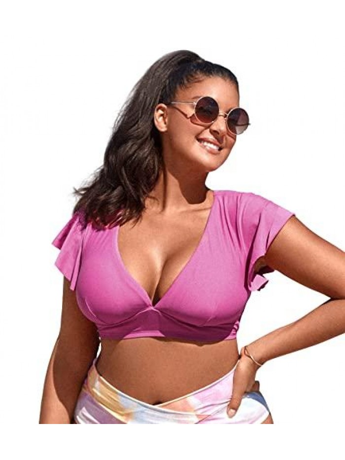 Women's Plus Size Plunge Self Tie Cutout Back Bikini Top with Ruffle Sleeve 