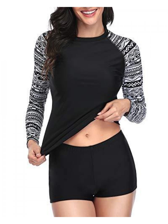 Women Two Piece Rash Guard Long Sleeve Swimsuits UV UPF 50+ Swim Shirt Bathing Suit with Boyshort Bottom 