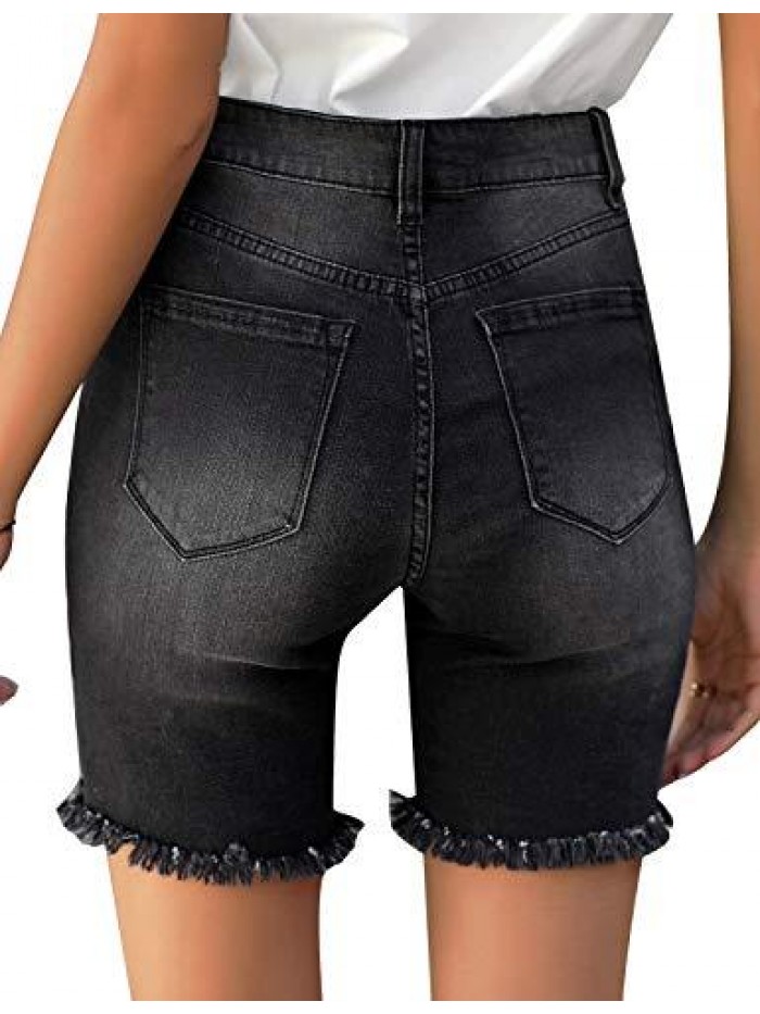 Women's High Waist Bermuda Shorts Ripped Distressed Stretch Denim Shorts 