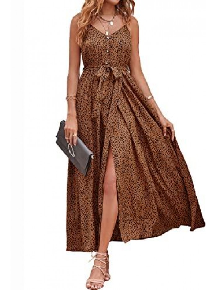 Women's Summer Spaghetti Straps V Neck Leopard Long Dress Button Down Sleeveless Split Flowy Maxi Dress with Belt 