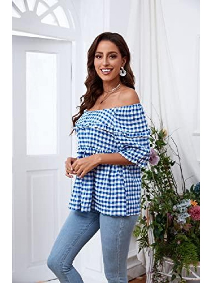 NINOS Womens Tops Crew Neck/Off The Shoulder 2 in 1 Loose Casual Blouse Short Sleeve Plaid Ruffles T-Shirt 