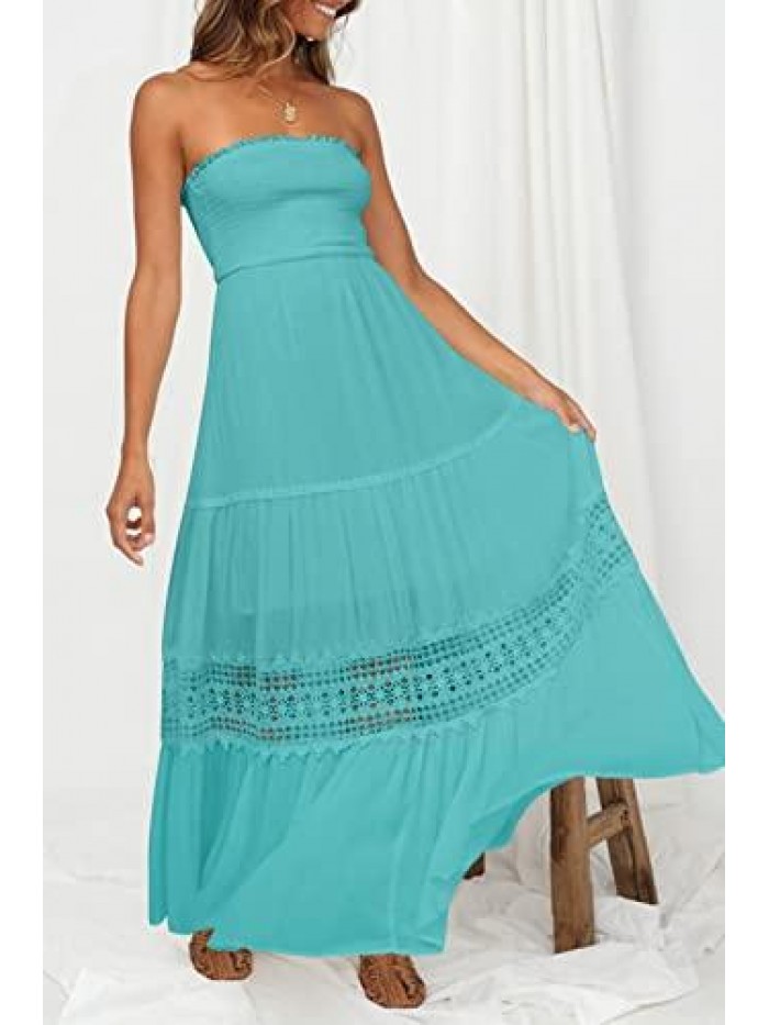 Womens Summer Bohemian Strapless Off Shoulder Lace Trim Backless Flowy A Line Beach Long Maxi Dress 