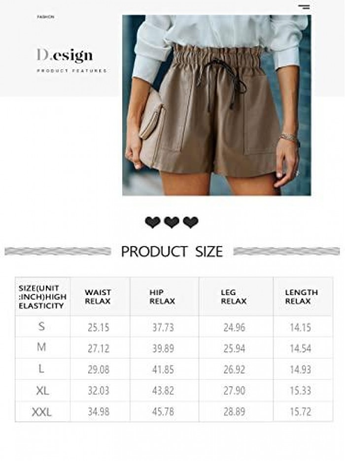 Women Faux Leather Short High Waist Leather Shorts Drawstring Elastic Waist Leather Short 