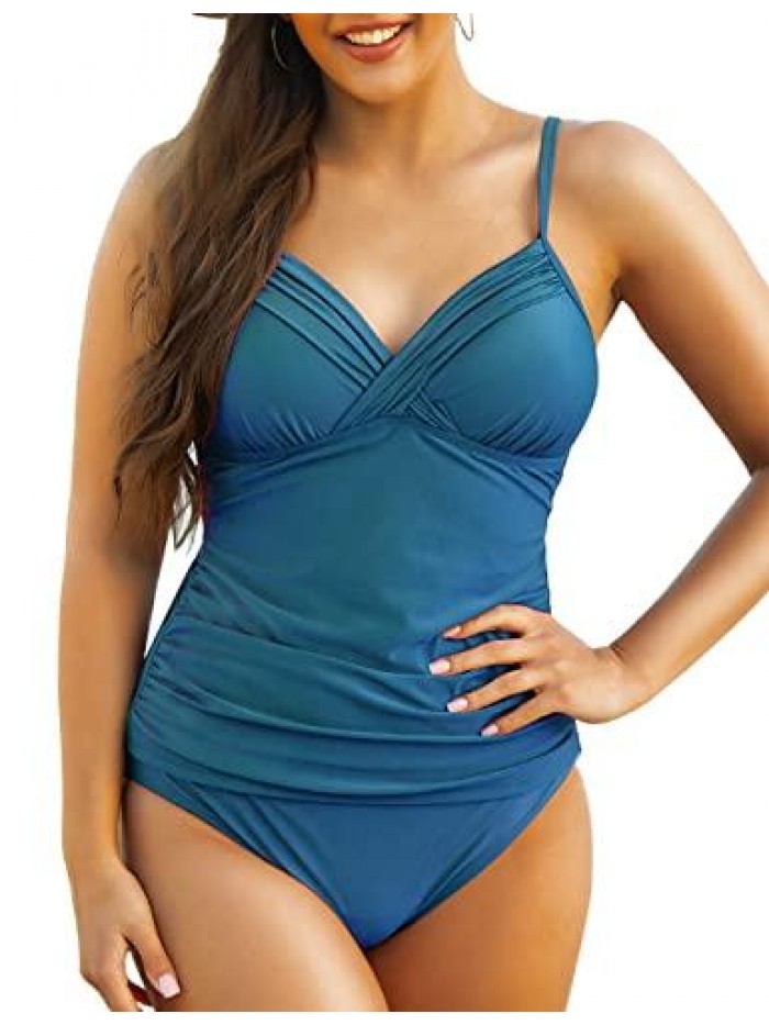 Women's Tankini Tops Ruched Swimsuits Tummy Control Swimwear Cross Wrap V Neck Bathing Suit Top Only 