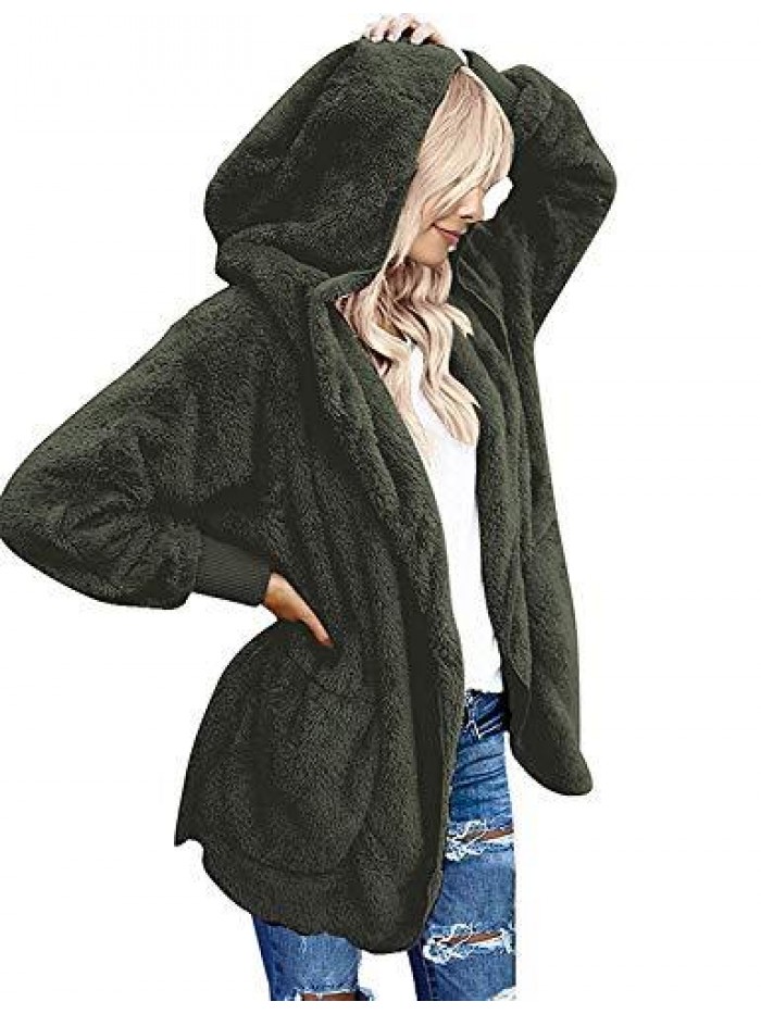 Womens Fuzzy Fleece Open Front Hooded Cardigan Jackets Sherpa Coat with Pockets 