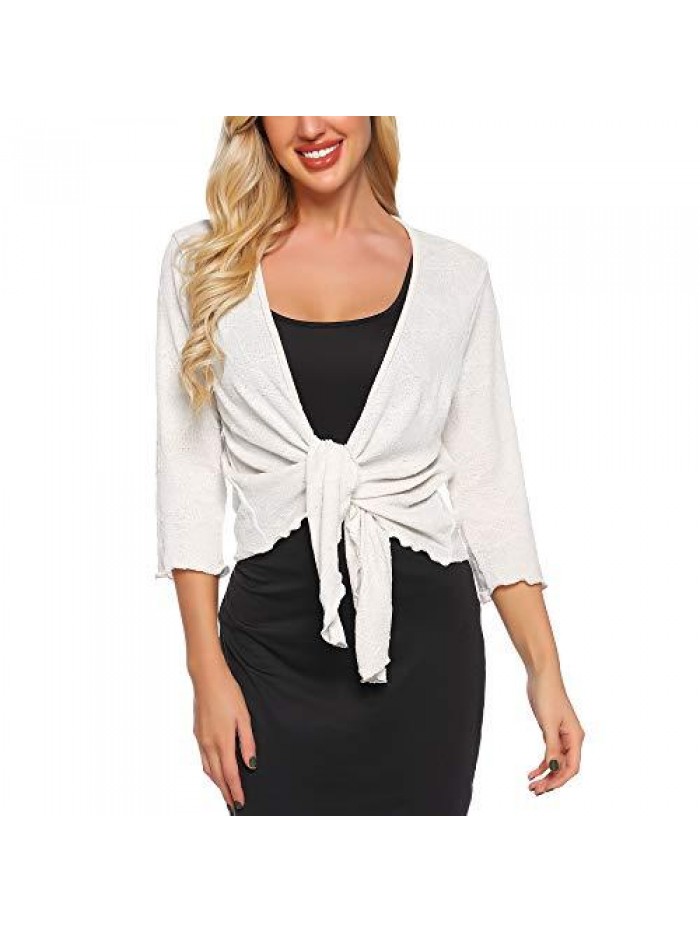 Womens Sheer Shrug Bolero Tie Knot Cardigan Lightweight with 3/4 Lace Sleeves 