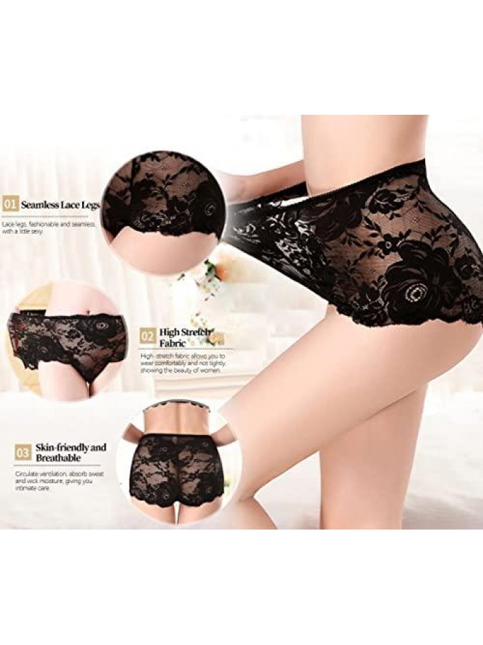 Women's Underwear High Waisted Cotton Underpants Seamless Breathable Briefs Stretch Sexy Lace Panties 5pack 