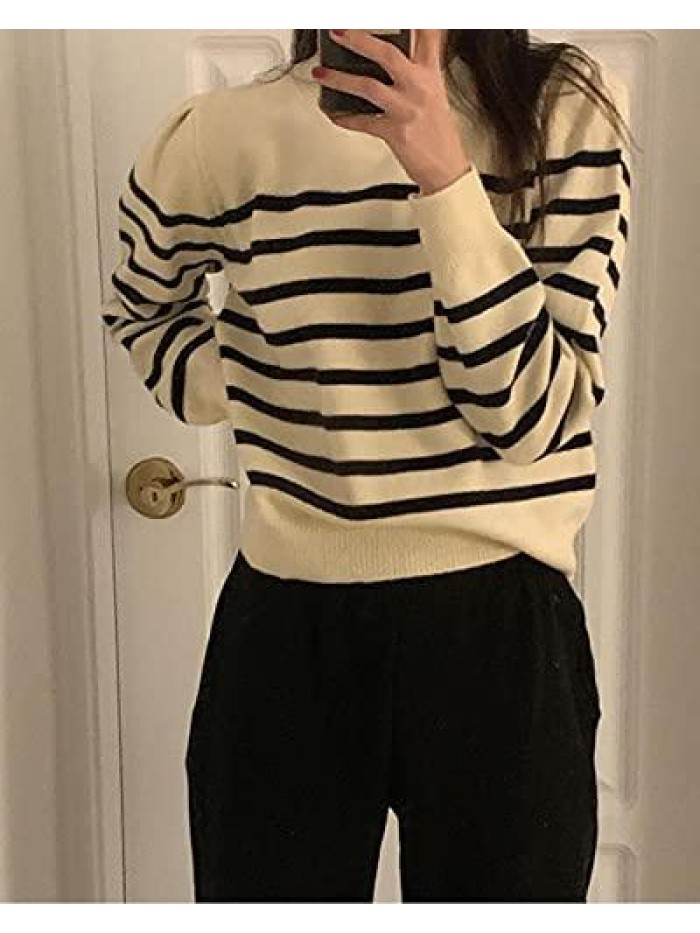 Winter Women’s Long Sleeves Knit Sweater Turtleneck Striped Print Loose Pullover Tops Deco with Metal Button 