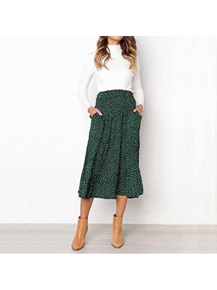 High Elastic Waist Polka Dot Pleated Skirt Midi Swing Chiffon Boho Skirt with Pockets 