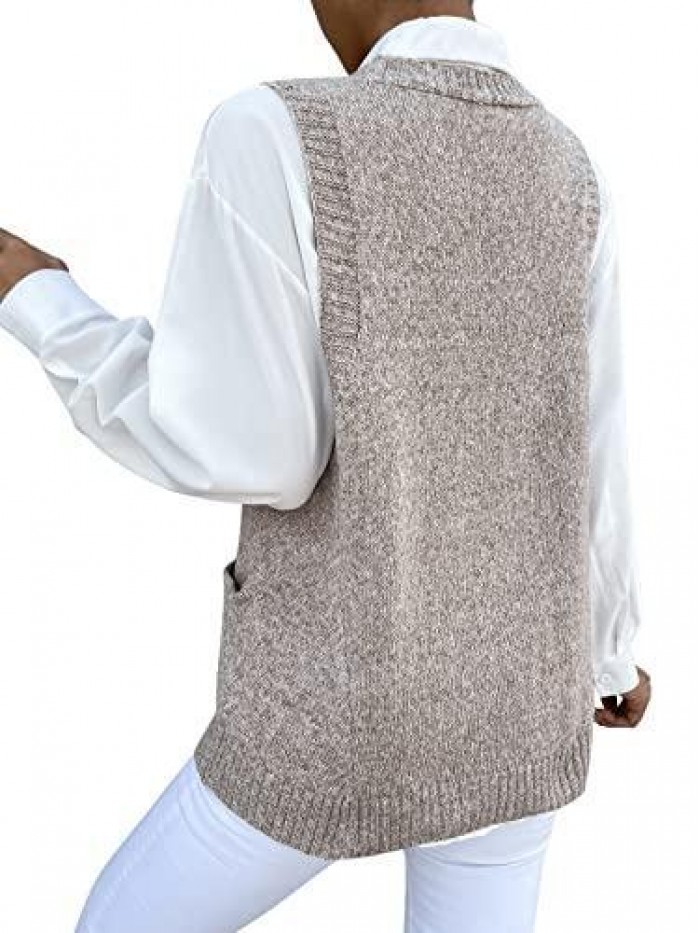 Women's Oversized Sweater Vest V Neck Dual Pocket Side Sleeveless Marled Knit Sweater Vest Pullovers 