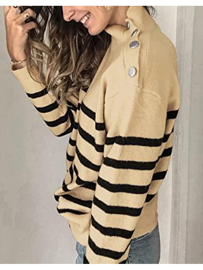 Winter Women’s Long Sleeves Knit Sweater Turtleneck Striped Print Loose Pullover Tops Deco with Metal Button 