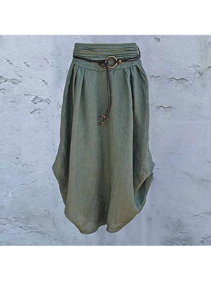 Women's Cotton Linen Skirts Ladies Fashion Casual Loose Maxi Dress Asymmetrical Hem Sashes Mid-Calf Skirt 