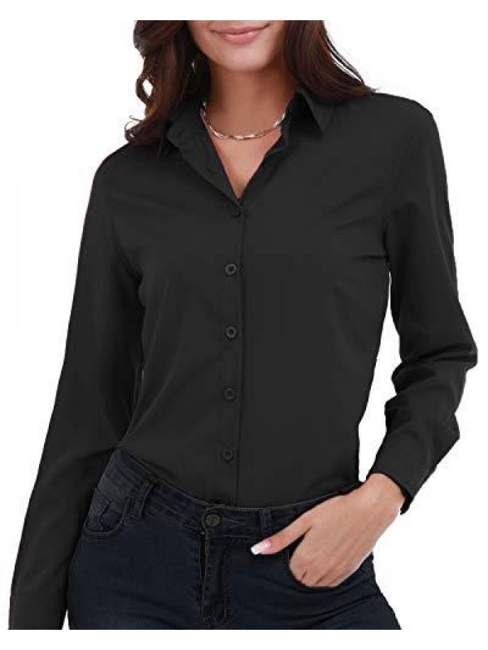 Women's Basic Button Down Shirts Long Sleeve Plus Size Simple Stretch Formal Casual Shirt Blouse 