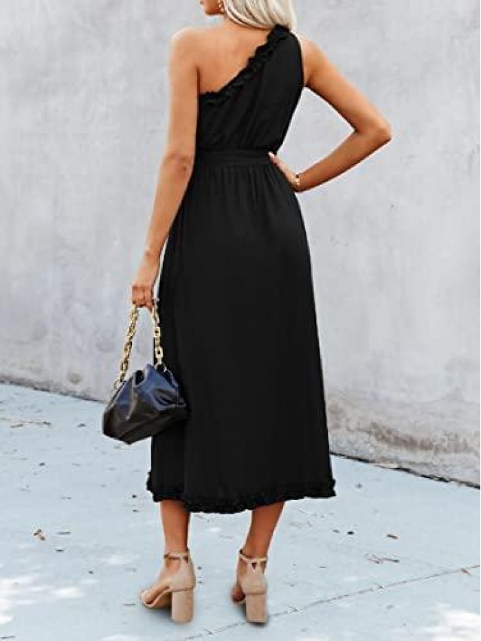 Women’s Sexy One Shoulder Sleeveless Solid Midi Dress Summer Ruffle Elegant Cocktail Long Dress with Waist Belt 