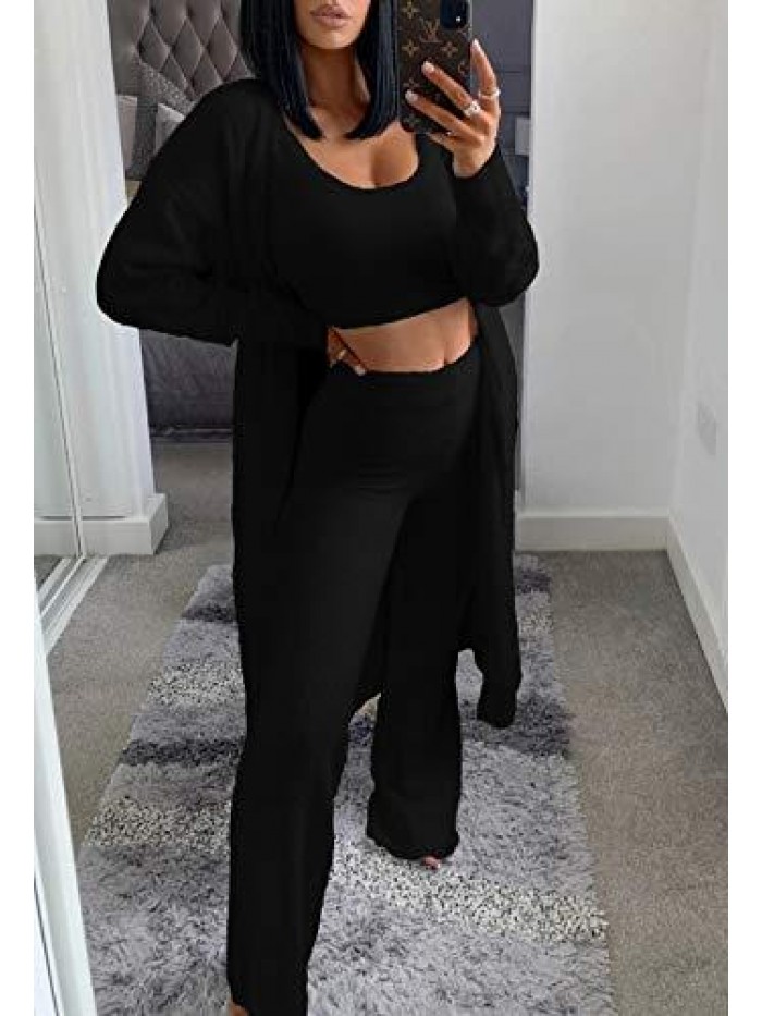 Womens 3 Piece Lounge Set Scoop Neck Crop Tops High Waist Pants Open Front Cardigan Outfit Set 