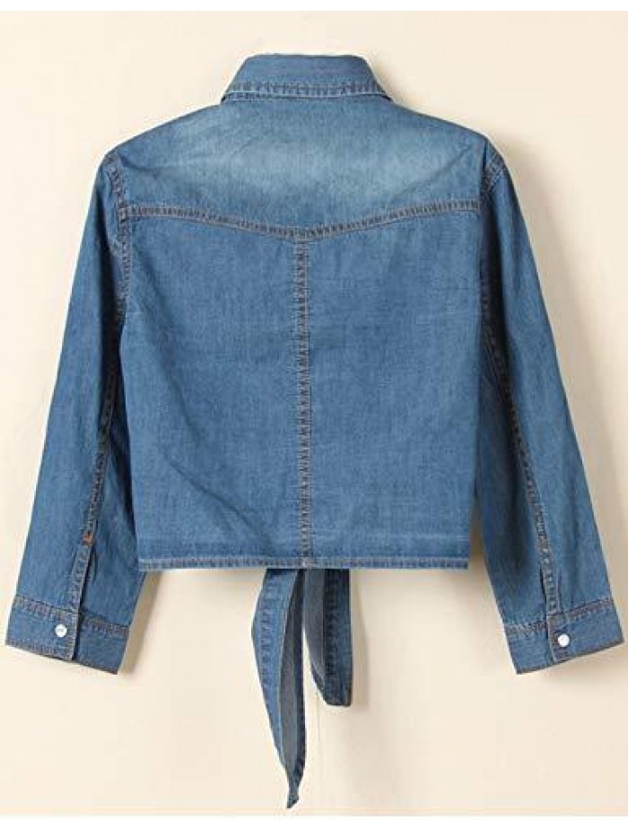 Women's 3/4 Sleeve Denim Crop Top Tie Knot Shirt Cardigan 