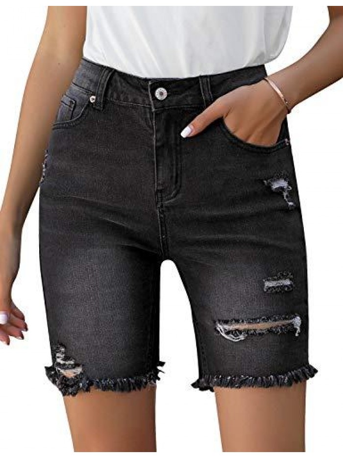 Women's High Waist Bermuda Shorts Ripped Distressed Stretch Denim Shorts 