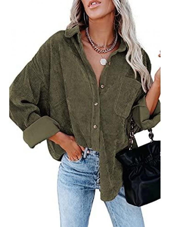 Womens Button Down Shirts Casual Long Sleeve Jacket Shacket Boyfriend Blouses Tops 