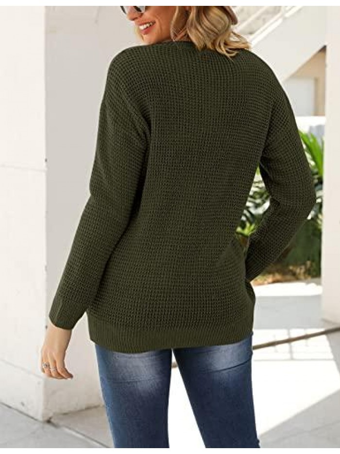 Women's Long Sleeve Waffle Knit Sweater Crew Neck Solid Color Pullover Jumper Tops 