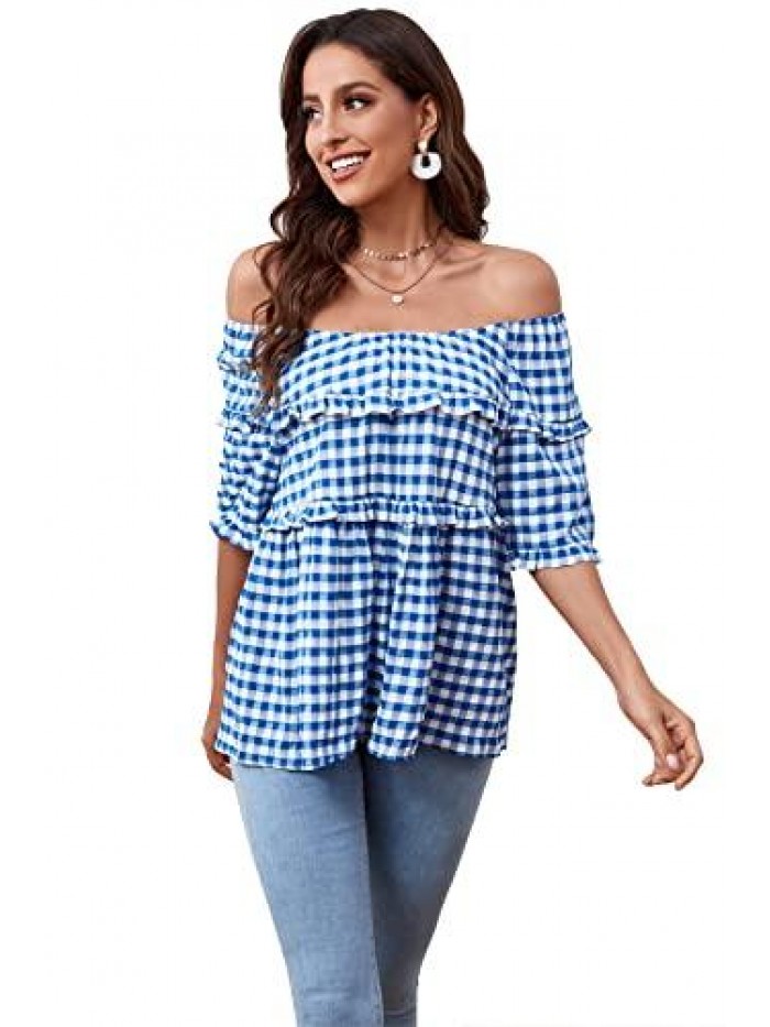 NINOS Womens Tops Crew Neck/Off The Shoulder 2 in 1 Loose Casual Blouse Short Sleeve Plaid Ruffles T-Shirt 