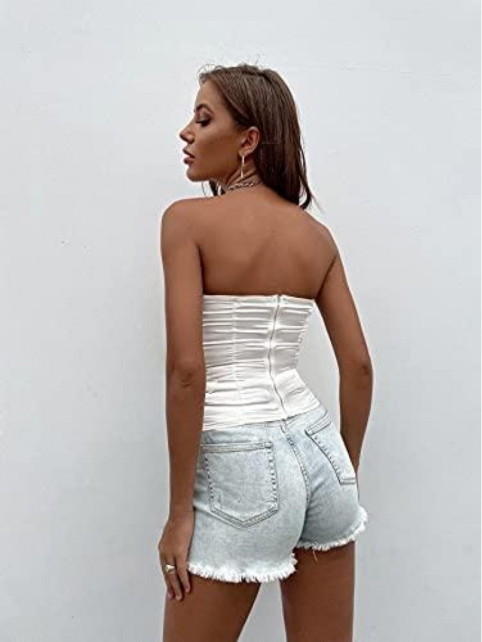 Women's Zip Backless Strapless Bustier Push Up Vest Ruched Crop Tube Tops 