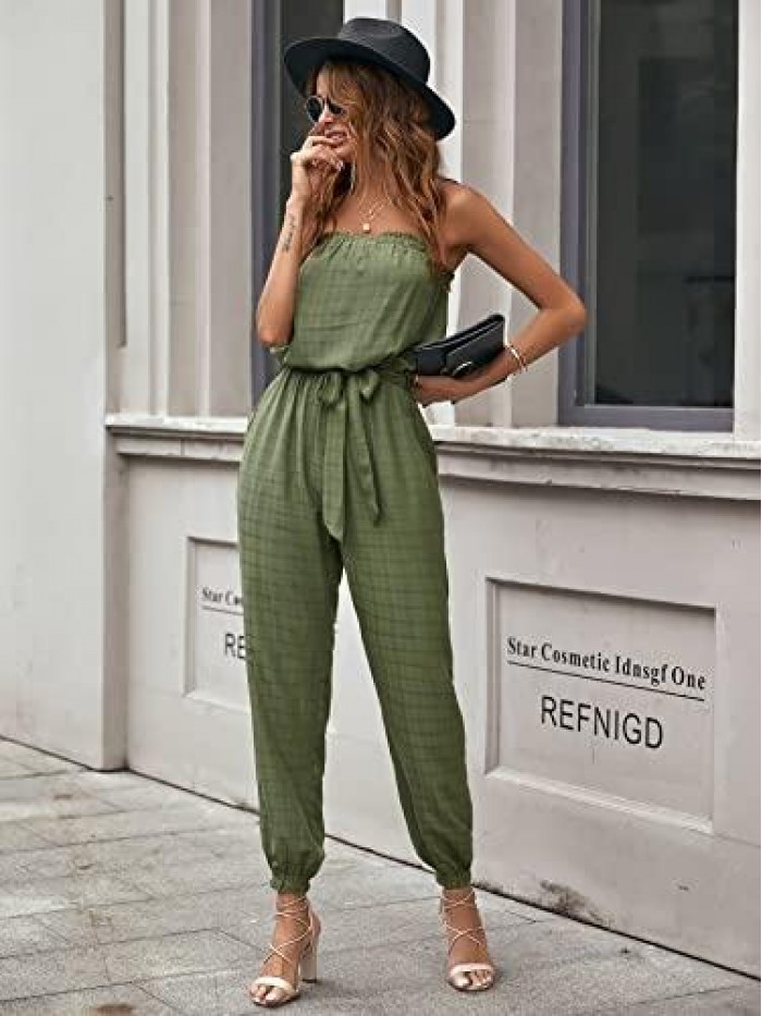 Women's Summer Casual Jumpsuits Off Shoulder Elastic Waist Belted One Piece Beam Foot Long Rompers With Pockets 