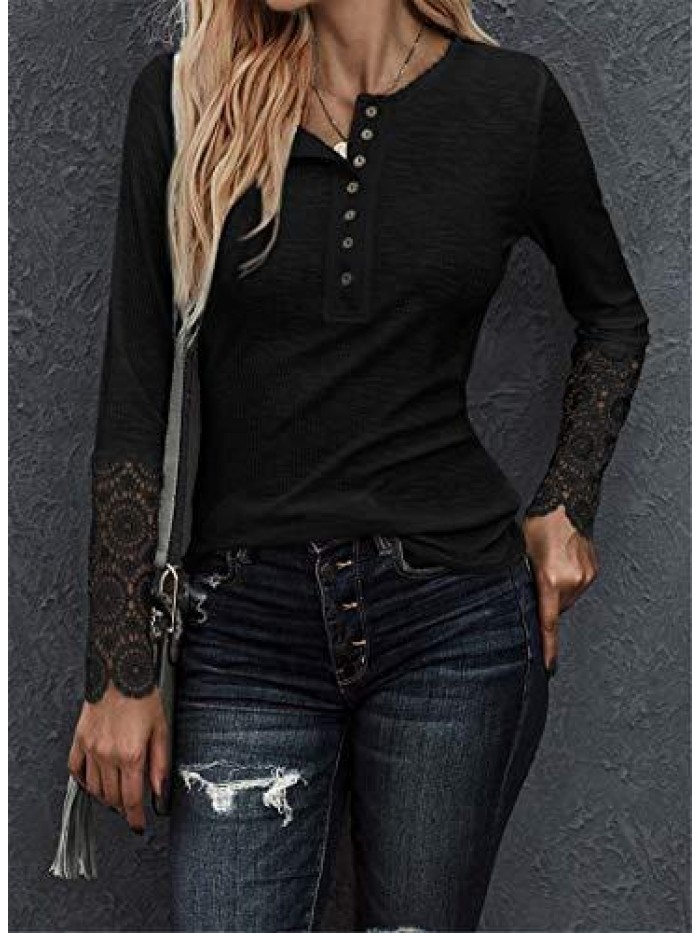 Womens Ribbed Knit Henley Long Sleeves Tunic Lace Tops V Neck Button Shirts Casual Slim Fit Blouses 