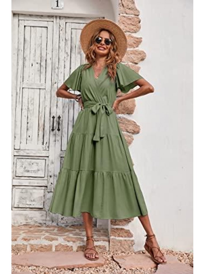 Women's Summer Wrap V Neck Ruffle Sleeve Tiered Midi Dress Tie Waist Flowy Long Beach Dress 