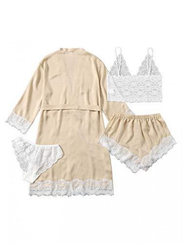 Women's 4 Pieces Satin Floral Lace Cami Top Lingerie Pajama Set with Robe 