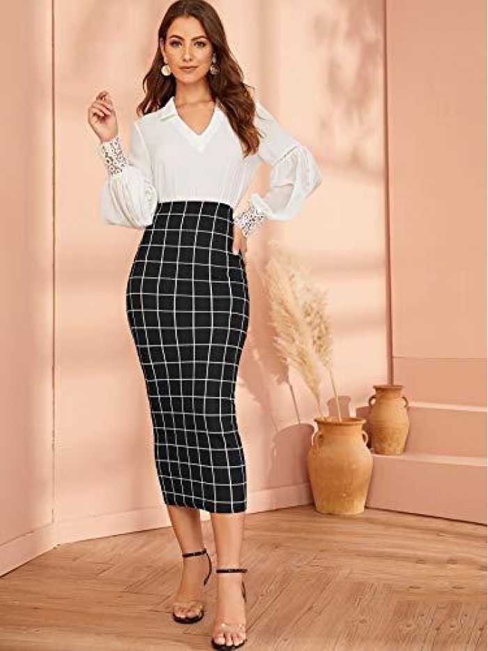 Women's Elegant Plaid Elastic Waist Bodycon Midi Skirt 