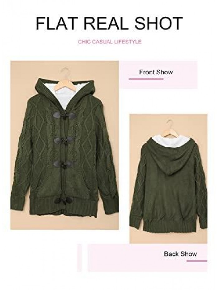 Womens Front Button Hooded Sweater Outwear Cable Knit Long Sleeve Cardigan with Pocket 