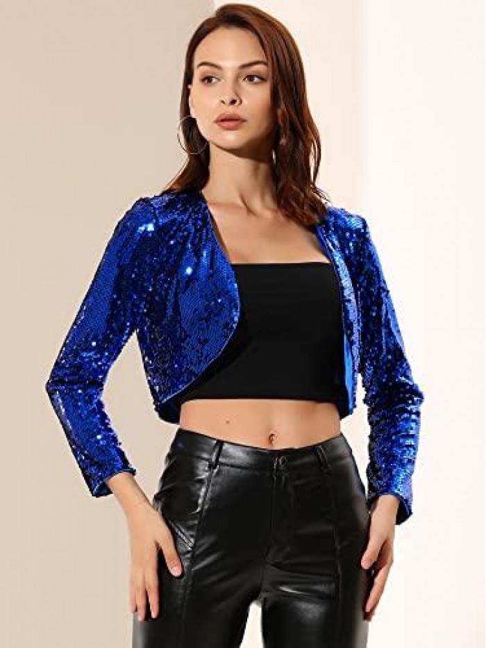 K Women's Sequin Jacket Long Sleeve Open Front Cropped Cardigan Bolero Shrug 