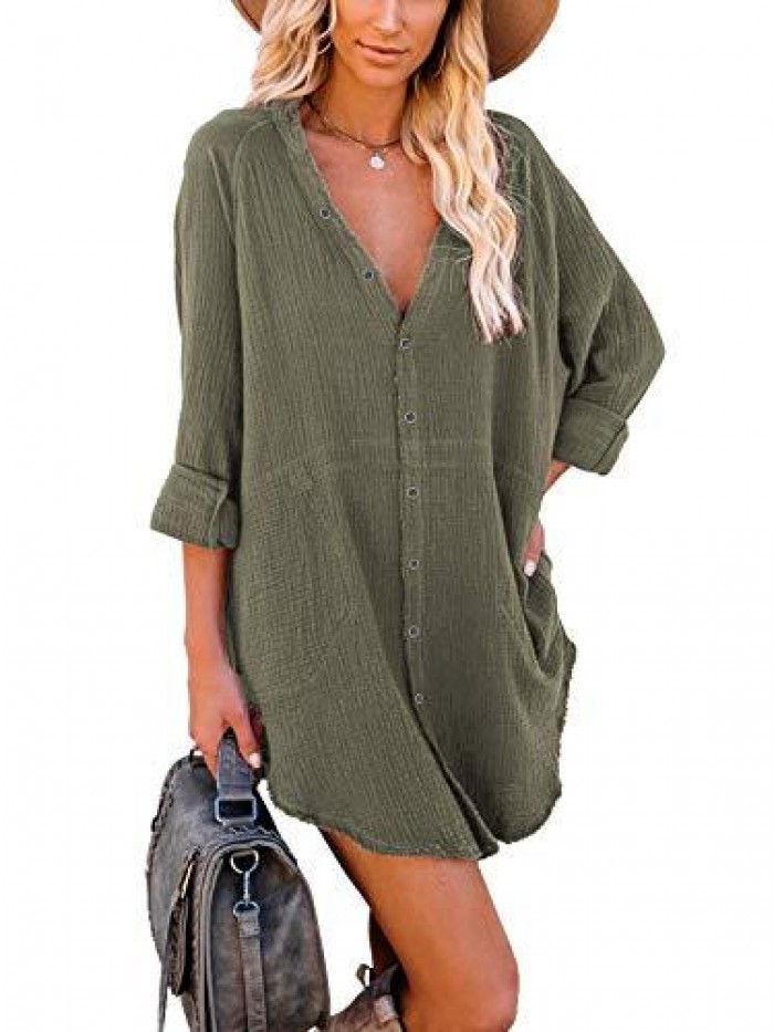 Women's Long Sleeve Button Down Tunic Dresses with Pockets 
