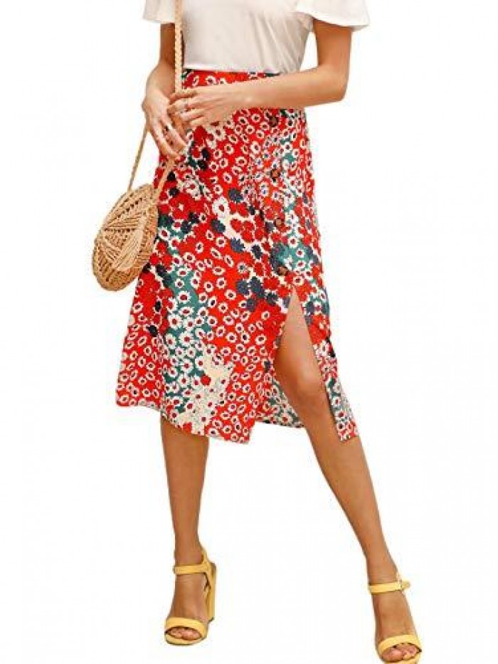 Women's Boho Floral High Waist Split A Line Midi Skirt 